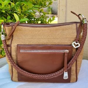Brighton Brice Straw Bag/ Brown Leather Organizer Shoulder Hobo Built-In Wallet